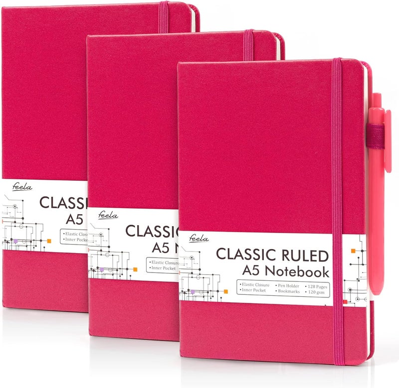 Feela 3 Pack Notebooks Journals Bulk, Hardcover Notebook Classic Ruled Lined Journals with Pen Holder for Women Girls School Business Supplies, with 3 Black Pens, 120 GSM, 5.1”x8.3”, A5, Berry - Image 1