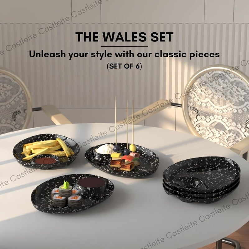 Castleite Wales Multi-Purpose Kitchen Serving Platter: Deluxe Melamine Crockery Set of 6 - Versatile Chip and Dip Dish for Snacks, Starters & Desserts (Marble Black) - Image 2