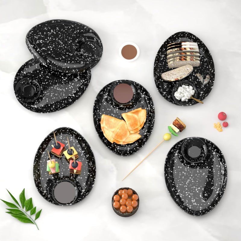 Castleite Wales Multi-Purpose Kitchen Serving Platter: Deluxe Melamine Crockery Set of 6 - Versatile Chip and Dip Dish for Snacks, Starters & Desserts (Marble Black) - Image 1