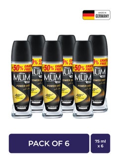 MUM Deodorant Roll-on - Men Power Dry, 48-Hrs Protection, Quick Drying Formula For All Skin Type, Pack of 6, 75ml Each  - Image 1