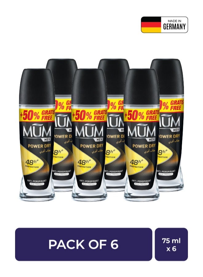 MUM Deodorant Roll-on - Men Power Dry, 48-Hrs Protection, Quick Drying Formula For All Skin Type, Pack of 6, 75ml Each - Image 1