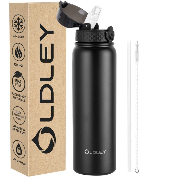 STAINLESS STEEL WATER BOTTLE WITH STRAW 1L VACCUM INSULATED LARGE DRINK FLASK METAL WATER BOTTLES 1 LITRE LEAKPROOF KEEP DRINKS HOT COLD FOR BIKE SPORTS GYM ADULT WOMEN MENBLACK1 LID