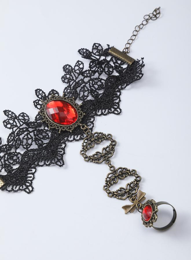 Take Two Regal Ruby Lace Detail Hand Chain Bracelet with Ring - Image 3