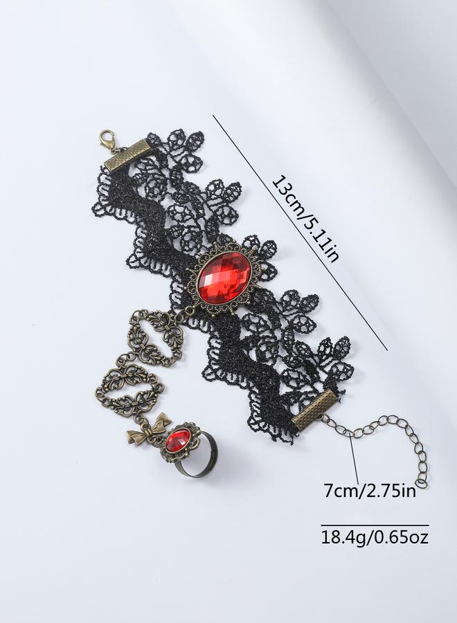 Take Two Regal Ruby Lace Detail Hand Chain Bracelet with Ring - Image 2