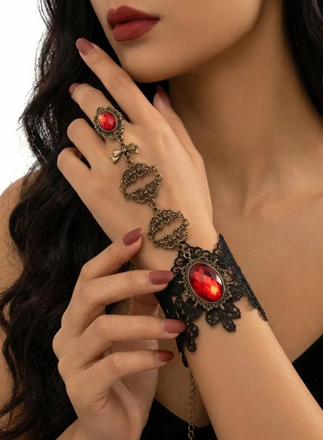 Take Two Regal Ruby Lace Detail Hand Chain Bracelet with Ring