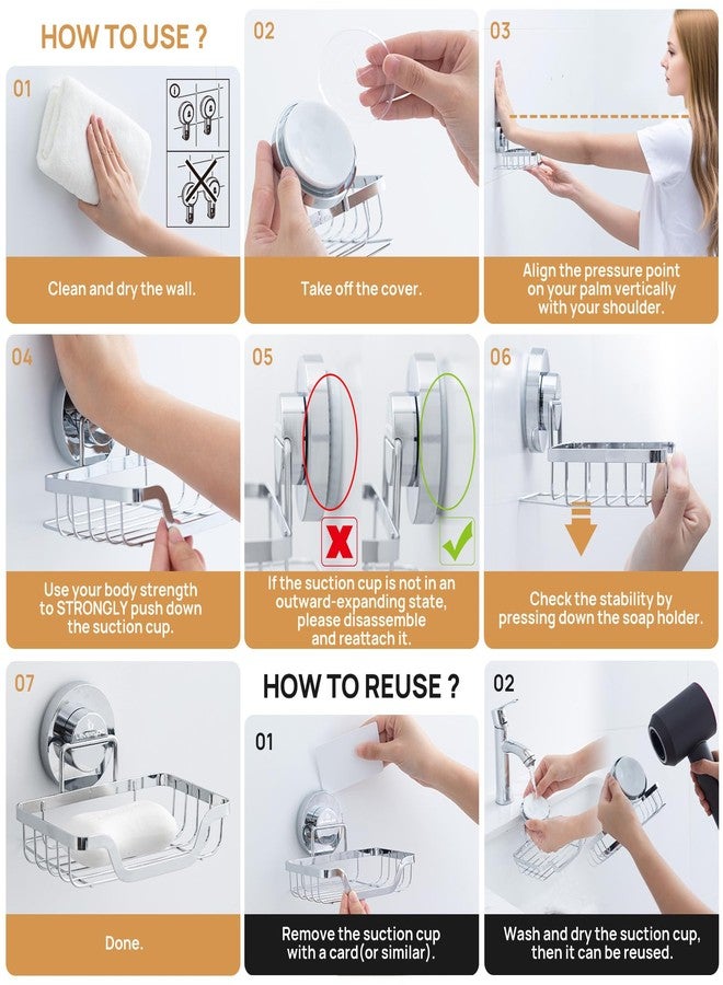 LEVERLOC Soap Dish, Soap Bar Holder for Shower Suction Cup Wall Mounted, Stainless Steel No-Drilling Removable Waterproof Sponge Holder for Bathroom Bathtub Kitchen Sink, Keep Soap Dry, Silver - Image 5