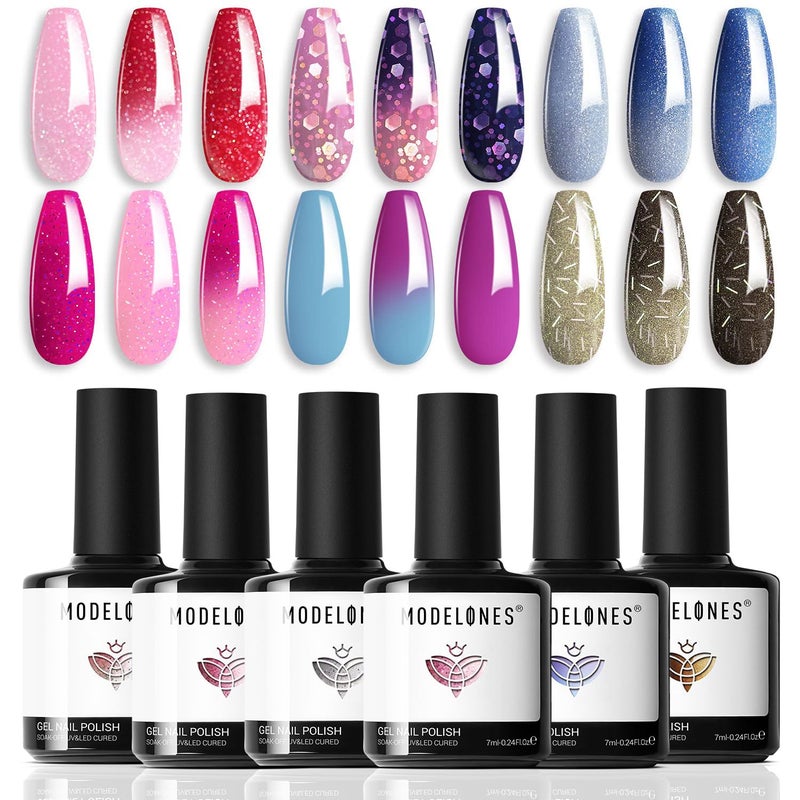 MODELONES Mood Gel Nail Polish Set Temperature Color Changing Gel Colors Collection Red Blue Glitter Gel Polish Soak Off 6 Colors Christmas Gifts New Year Holiday Salon DIY at Home - Image 1