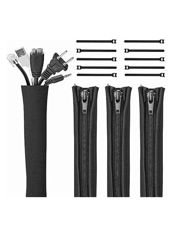 JOTO (4 Pack) Cable Management Sleeve with 10 Pieces Cable Tie, 20 inch Cord Organizer System with Zipper for TV/Computer/Home Entertainment, Flexible Cable Sleeve Wrap Cover -Black - Image 1