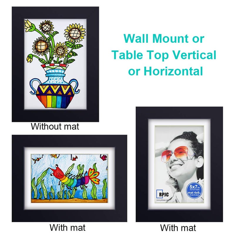 RPJC 5x7 inch Picture Frame Made of Solid Wood and High Definition Glass Display Pictures 4x6 with Mat or 5x7 Without Mat for Wall Mounting Photo Frame Black - Image 3