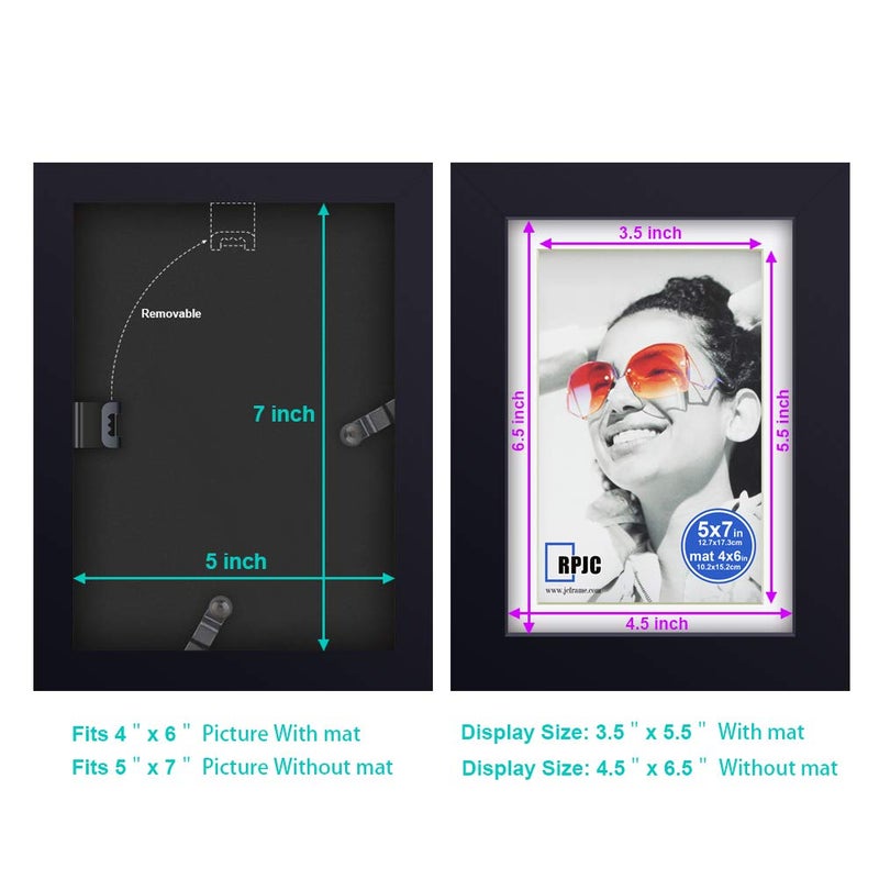RPJC 5x7 inch Picture Frame Made of Solid Wood and High Definition Glass Display Pictures 4x6 with Mat or 5x7 Without Mat for Wall Mounting Photo Frame Black - Image 4