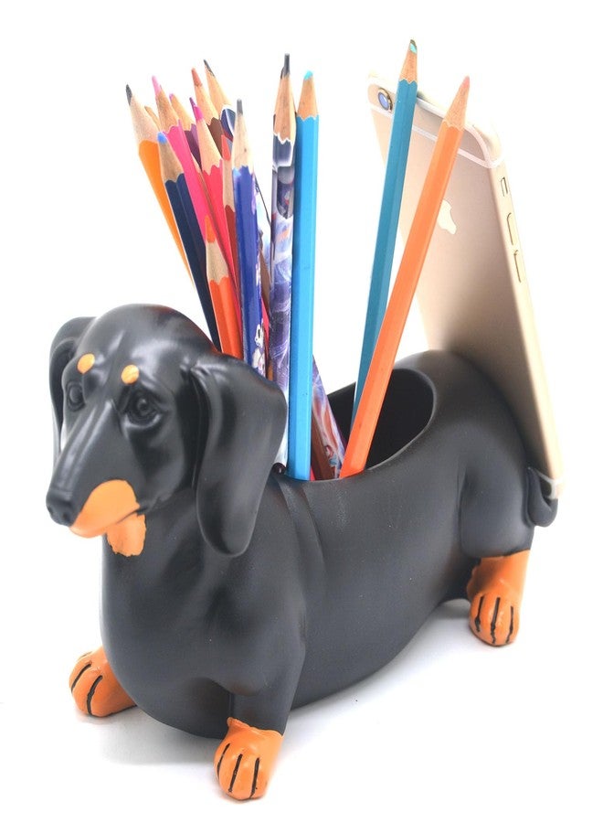MONMOB Creative Cute Daschund Pen Pencil Holder with Phone Stand Home Office Desk Accessories Halloween Decoration Christmas Decor Black Dog Weiner Dog Dachshund Gifts - Image 2