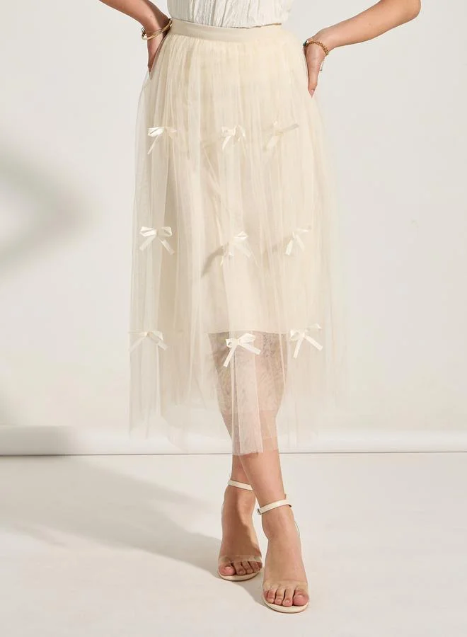 Take Two Mesh Insert Bow Detail A-Line Midi Skirt