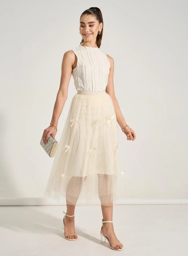 Take Two Mesh Insert Bow Detail A-Line Midi Skirt