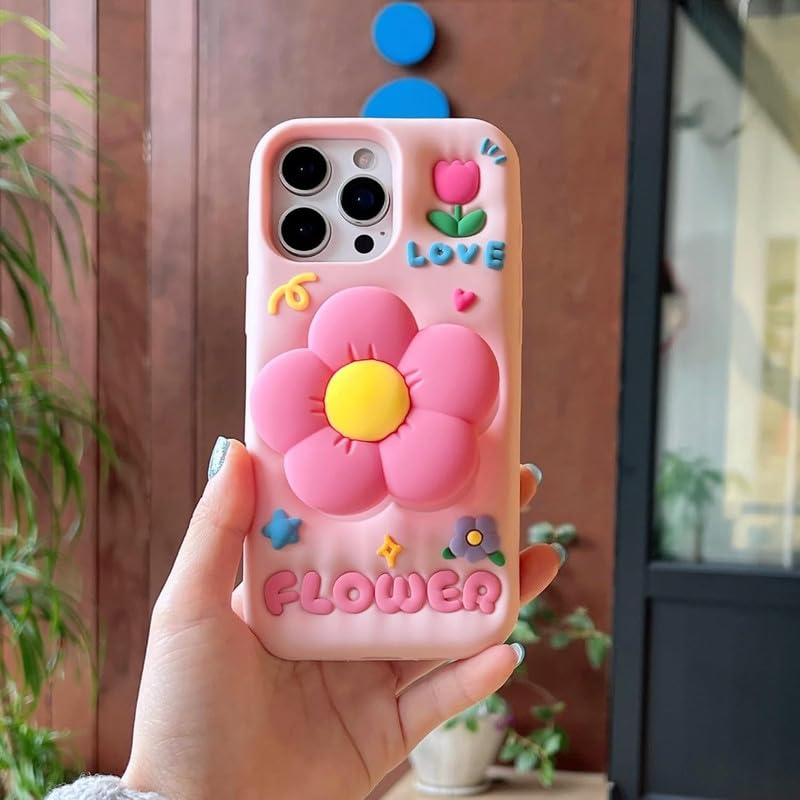 COVERLY for iPhone 16 Pro Max Cute 3D Flower Petal Love Cartoon Case,Full Protective Case Kawaii Adorable Kitty Pink Floral Pop Holder Soft Silicone Fashion Aesthetic Cover for Apple iPhone 16 Pro Max - Image 1