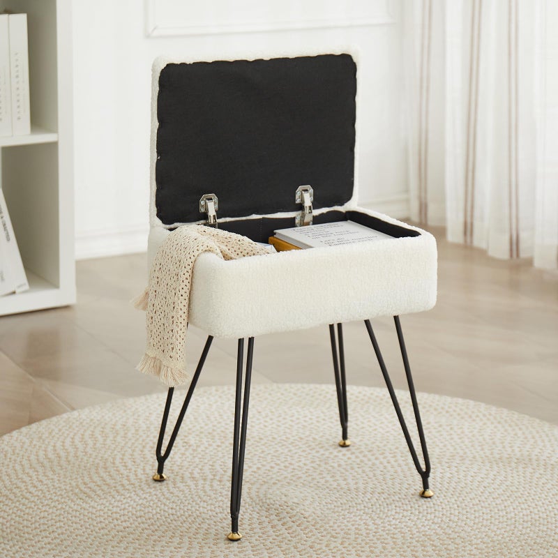 Leesingdo Vanity Stool Chair Faux Teddy Fur Ottoman Foot Stool with Metal Legs  Adjustable Black Feet Flip Top Storage Makeup Chair with Soft Padded Seat Foot Rest for Makeup Room Bedroom White