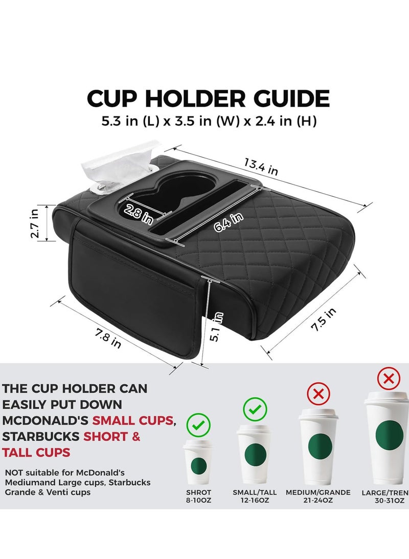 Car Armrest Cushion Car Center Console Cover, Leather Armrest Cushion Universal Middle Console Cushion with Storage Box, Cup Holder, Tissue Box and Phone Slot Black - Image 4