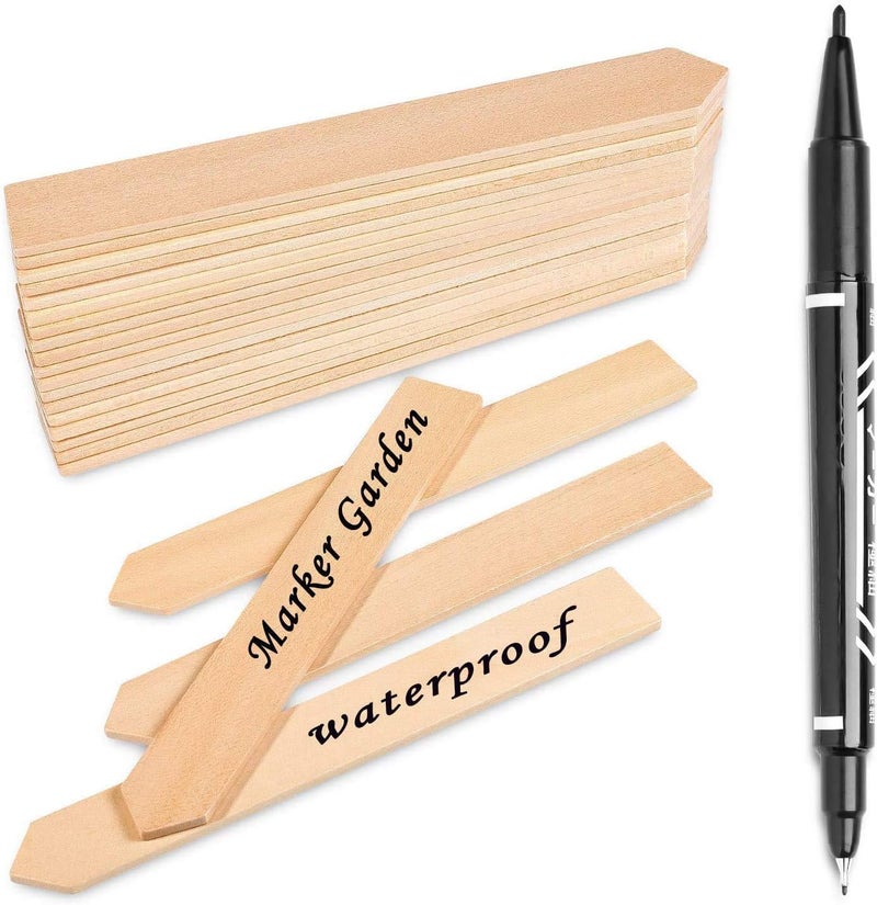 Whaline 50Pcs Wooden Plant Labels with A Marker Pen, Waterproof Pointed Wooden Plant Sign Tags Eco-Friendly Garden Markers for Seed Potted Herbs Flowers Vegetables (15 x 2 cm) - Image 1