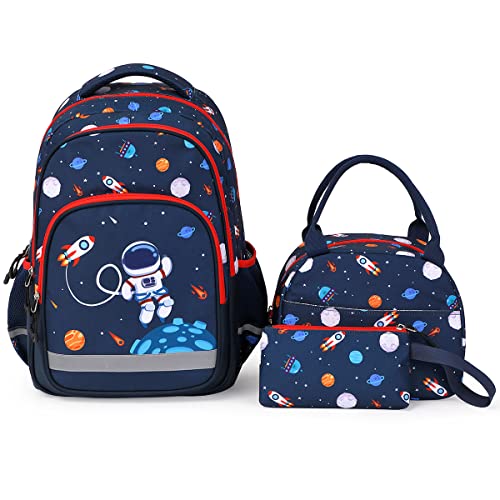 Dorlubel Lightweight Backpack for Boys School Backpack with Insulated Lunch Tote & Pencil Case Preschool Kindergarten Elementary Book Bag Set(Navy Blue Space) - Image 1