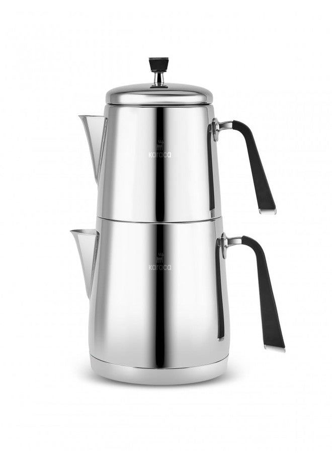 Karaca Fiona Stainless Steel Turkish Teapot Set XL, 1L Tea Pot & 2L Water Tank (Kettle), Stove Top/Induction Compatible, Elegant Silver Design, Easy to Clean, Non-Flammable Handles - Image 1