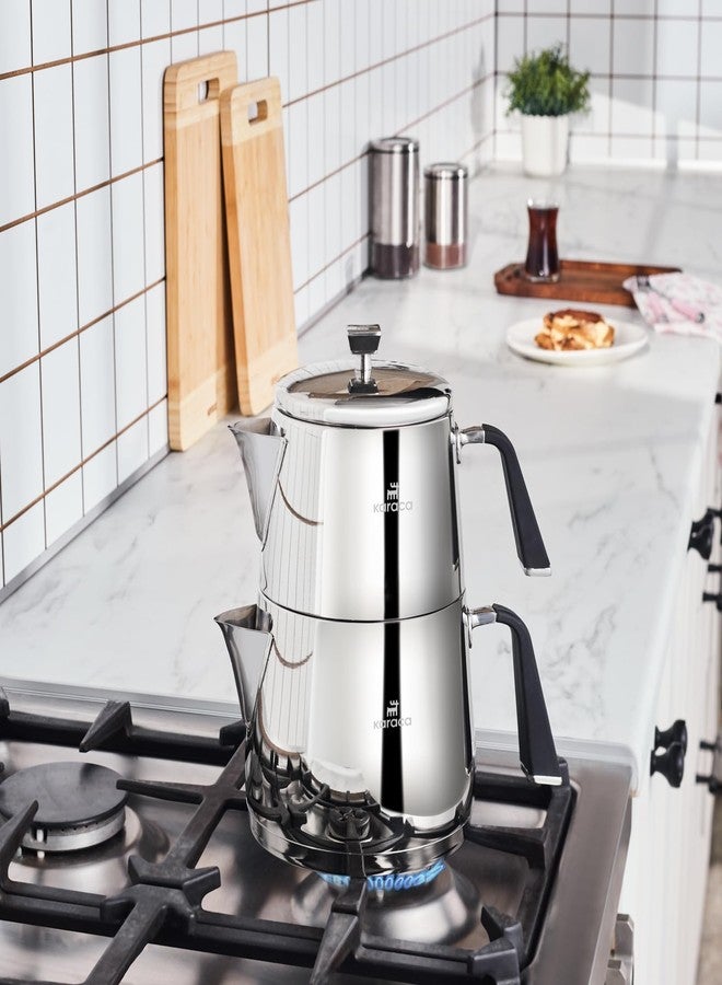 Karaca Fiona Stainless Steel Turkish Teapot Set XL, 1L Tea Pot & 2L Water Tank (Kettle), Stove Top/Induction Compatible, Elegant Silver Design, Easy to Clean, Non-Flammable Handles - Image 2