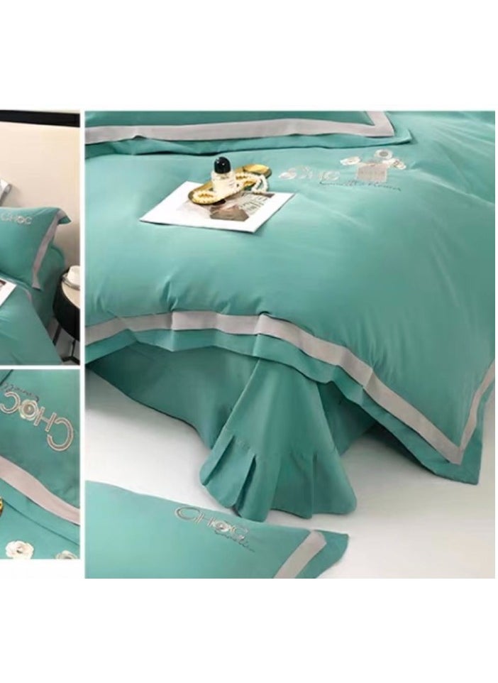 Generic DUOMA  HOME All-cotton high quality 220×240cm duvet cover with minimalist embroidery, 4-piece pure cotton sheet set with 2 pillow cases, new model, green, king size  - Image 2