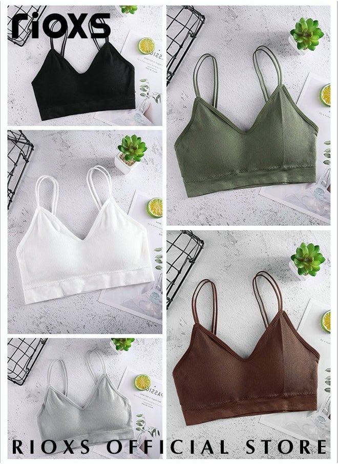 RIOXS - 5 Pieces V Neck Padded Bralette for Women Cami Bra Wireless Tank Top Bra Sports Bra with Adjustable Straps - Image 1