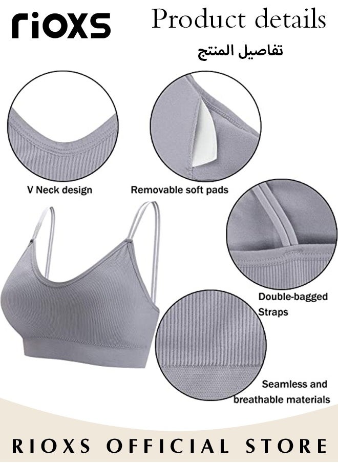 RIOXS - 5 Pieces V Neck Padded Bralette for Women Cami Bra Wireless Tank Top Bra Sports Bra with Adjustable Straps - Image 1