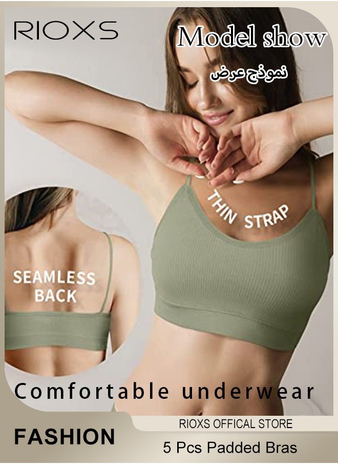 RIOXS - 5 Pieces V Neck Padded Bralette for Women Cami Bra Wireless Tank Top Bra Sports Bra with Adjustable Straps - Image 1