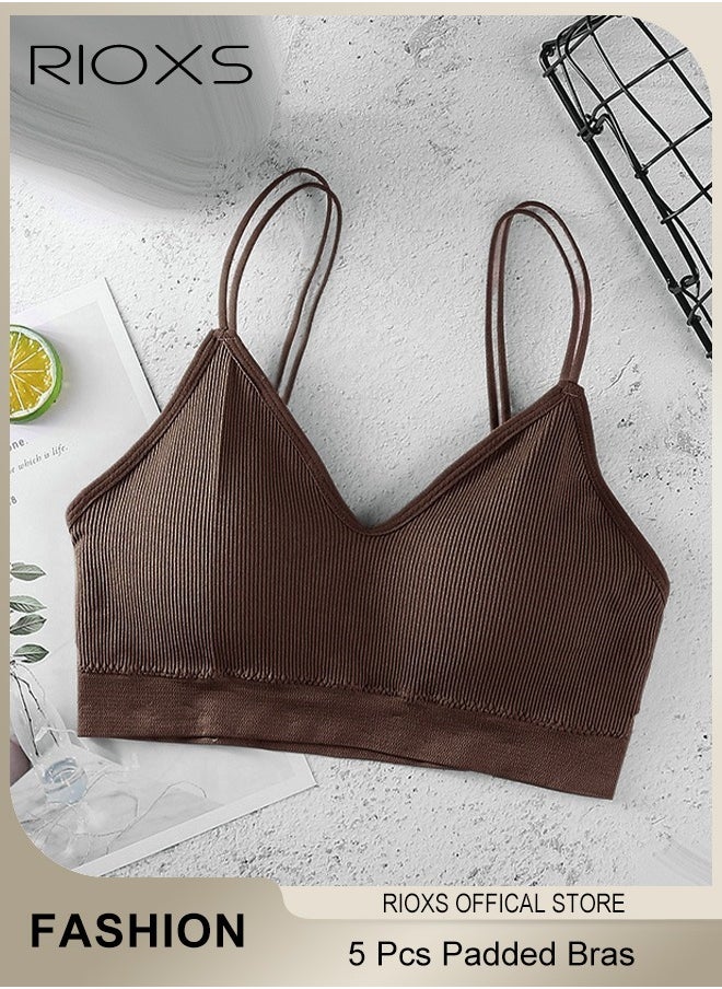 RIOXS - 5 Pieces V Neck Padded Bralette for Women Cami Bra Wireless Tank Top Bra Sports Bra with Adjustable Straps - Image 1