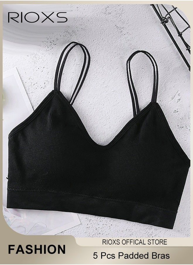 RIOXS - 5 Pieces V Neck Padded Bralette for Women Cami Bra Wireless Tank Top Bra Sports Bra with Adjustable Straps - Image 1