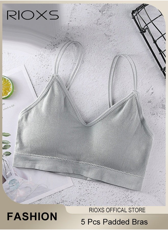 RIOXS - 5 Pieces V Neck Padded Bralette for Women Cami Bra Wireless Tank Top Bra Sports Bra with Adjustable Straps - Image 1