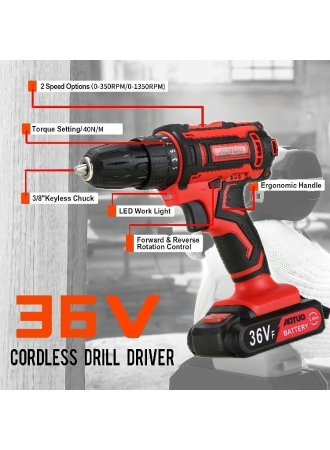 او تو او مجموعة أدوات كهربائية مكونة من 128 قطعة من AOTUO مع مثقاب لاسلكي 36 فولت، مجموعة أدوات منزلية احترافية مع أدوات يدوية للصيانة والإصلاح في الحديقة والمكتب والمنزل - Image 3