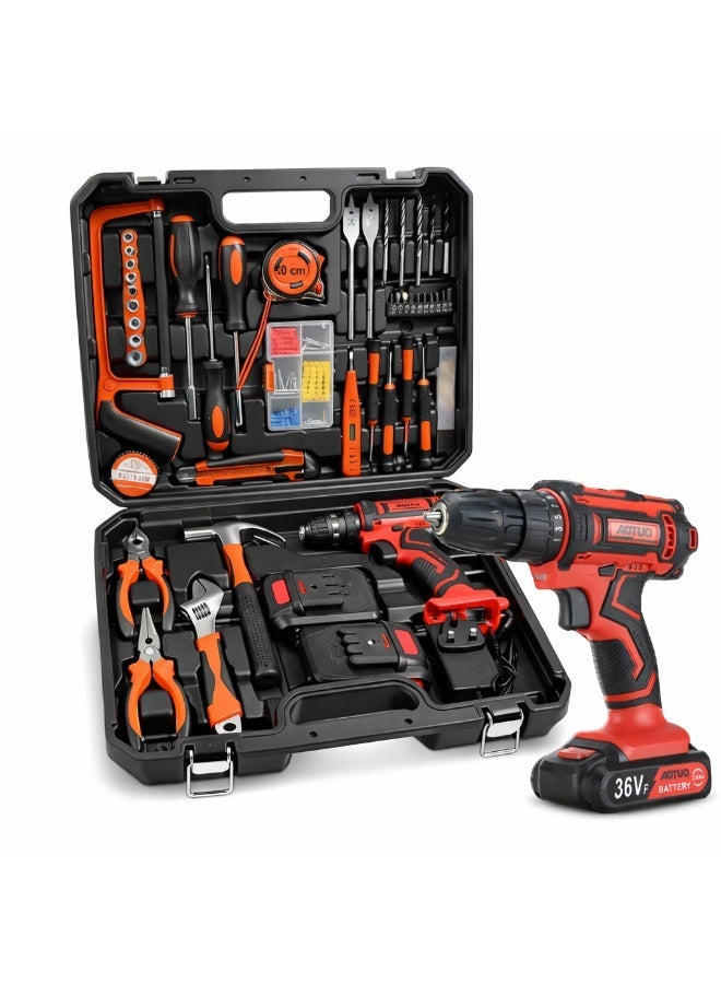 او تو او مجموعة أدوات كهربائية مكونة من 128 قطعة من AOTUO مع مثقاب لاسلكي 36 فولت، مجموعة أدوات منزلية احترافية مع أدوات يدوية للصيانة والإصلاح في الحديقة والمكتب والمنزل - Image 1