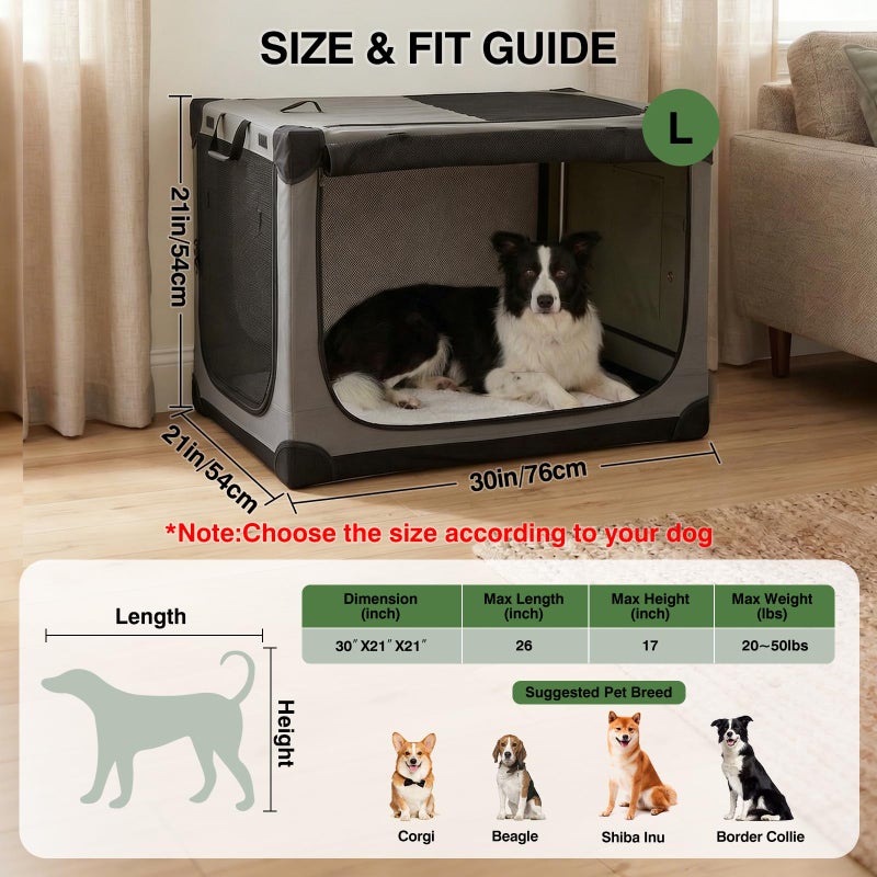 Veraste 30" L x 21" W x 21" H Collapsible Travel Dog Crate, Portable Soft Dog Kennel for Medium Dogs up to 45 lbs, 4-Door Foldable Travel Crate with Durable Mesh & Storage Bag, Grey - Image 2