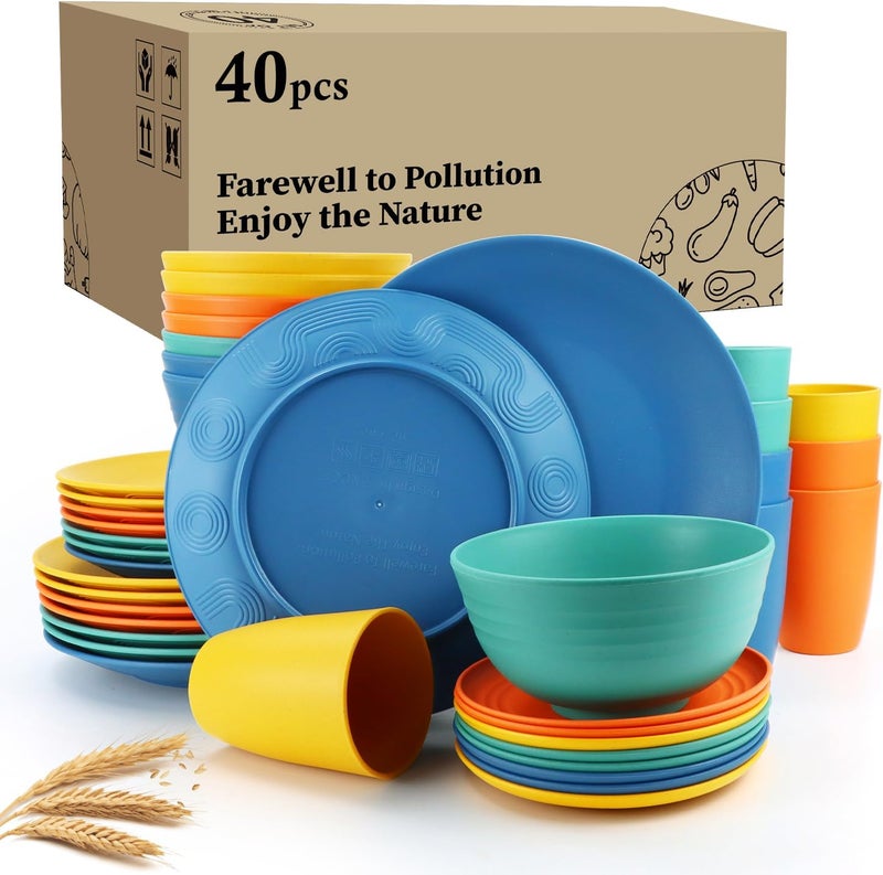 Wrova 40Pack plates and bowls sets for kids  Unbreakable wheat straw dinnerware sets service for 8  Alternative plastic 40pcs dish sets for kitchen camping and indoors dinning  Colorful - Image 1