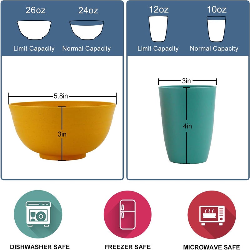Wrova 40Pack plates and bowls sets for kids  Unbreakable wheat straw dinnerware sets service for 8  Alternative plastic 40pcs dish sets for kitchen camping and indoors dinning  Colorful - Image 3