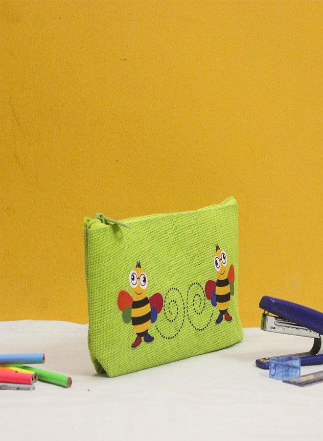 Jute Cottage Eco-Friendly Bee Print Pencil Pouch for Kids | Natural Jute Stationery Organizer with Smooth Zip | Durable, Lightweight & Travel-Friendly | Ideal Return Gift & (Green) - Image 2