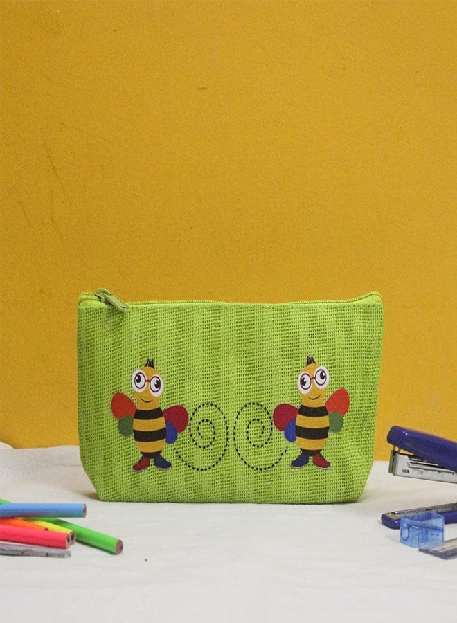 Jute Cottage Eco-Friendly Bee Print Pencil Pouch for Kids | Natural Jute Stationery Organizer with Smooth Zip | Durable, Lightweight & Travel-Friendly | Ideal Return Gift & (Green) - Image 3