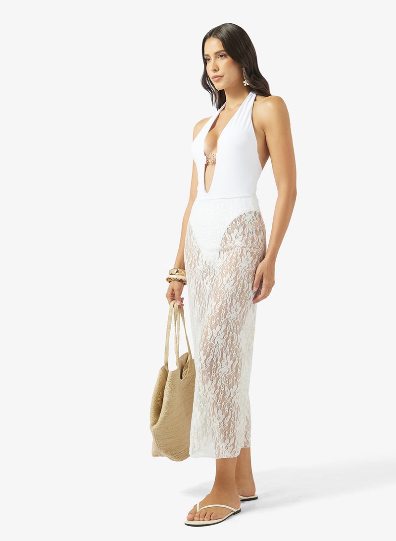 Soleira Plunge Neck Swimsuit With Sheer Beach Skirt - Image 4