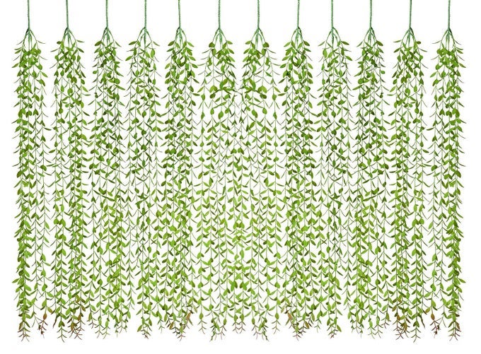 12PCS ARTIFICIAL VINES FAKE GREENERY GARLAND WILLOW LEAVES WITH TOTAL 60 STEMS HANGING FOR WEDDING PARTY BACKDROP WALL DECORATION