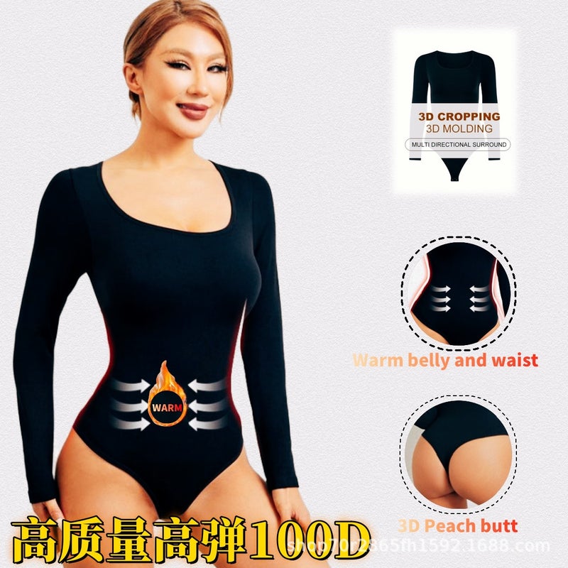 بدلة تشكيل الجسم ذات الأكمام الطويلة بدون seams بحجم كبير وشد البطن، ملابس يوغا برباط مربع عالي المرونة - Image 2