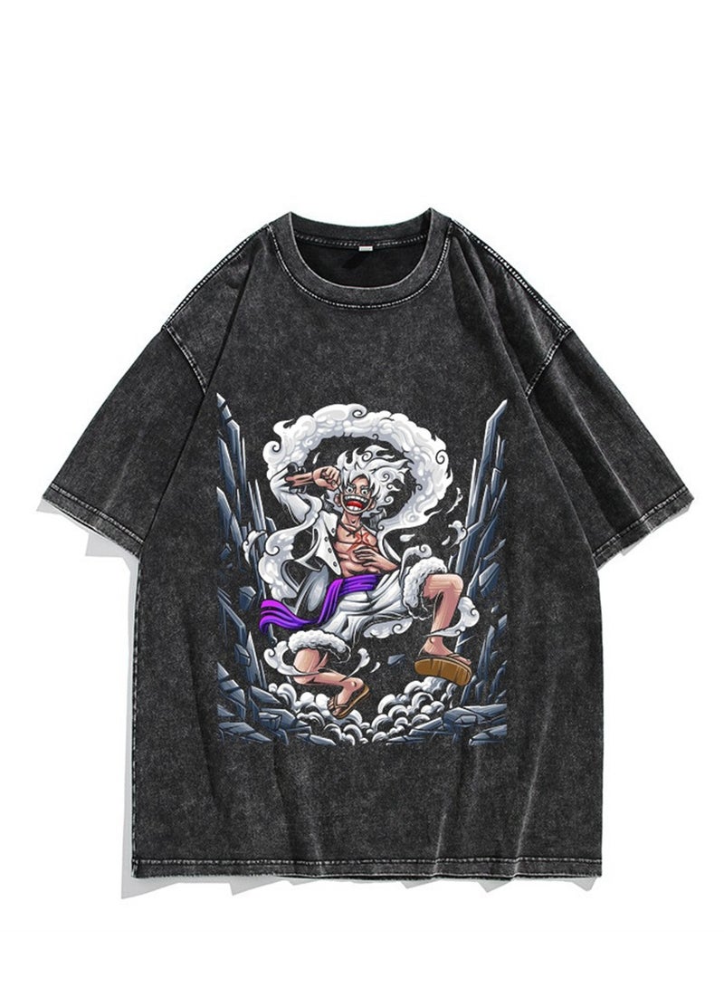 Washed retro T-shirt street hip hop anime One Piece Luffy Nika form casual cotton summer short sleeves - Image 1