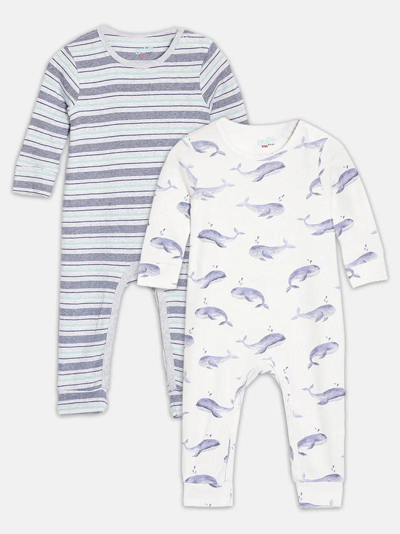 Broon Broon Infant Boys White and Grey Printed Organic Cotton Sleepsuit Pack of 2