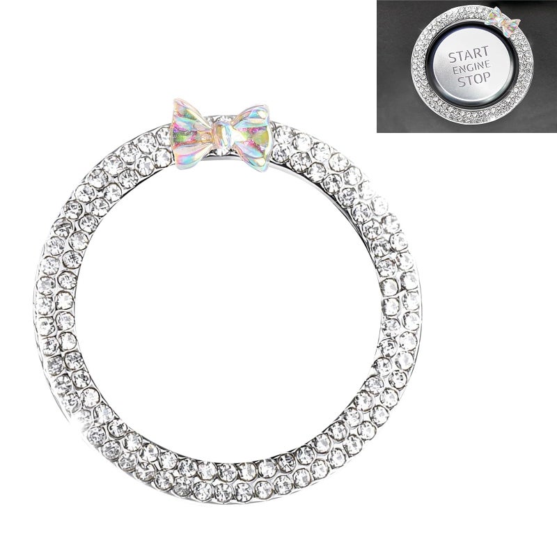 Merdege Ignition Switch Button Decorative Ring Bling Bow Design Metal OnePoint Start Switch Ring Universal for Most Cars White - Image 3