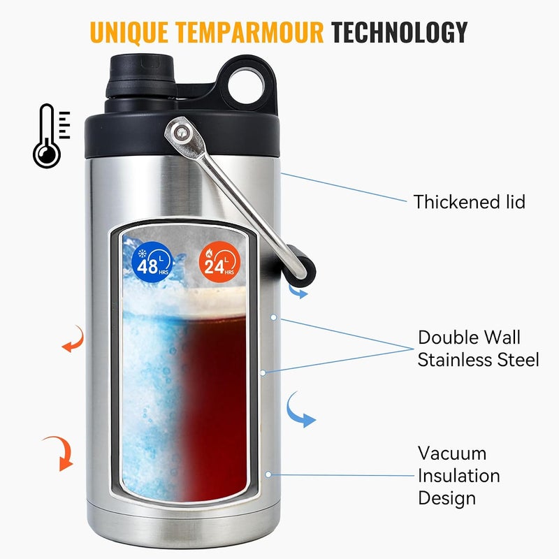 Kerilyn Half Gallon Water Bottle Insulated, 64oz Stainless Steel Water Jug With Handle and Wide Mouth Water Flask Sweat-Proof, Half Gallon Vacuum Double Walled Jug for Sports, Outdoors, Stainless - Image 4