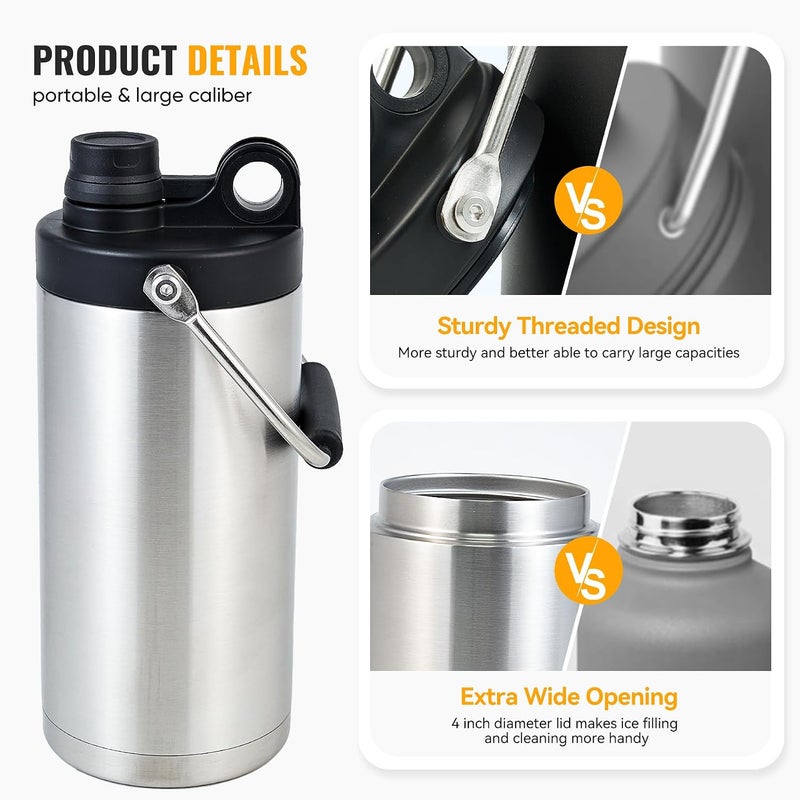 Kerilyn Half Gallon Water Bottle Insulated, 64oz Stainless Steel Water Jug With Handle and Wide Mouth Water Flask Sweat-Proof, Half Gallon Vacuum Double Walled Jug for Sports, Outdoors, Stainless - Image 3