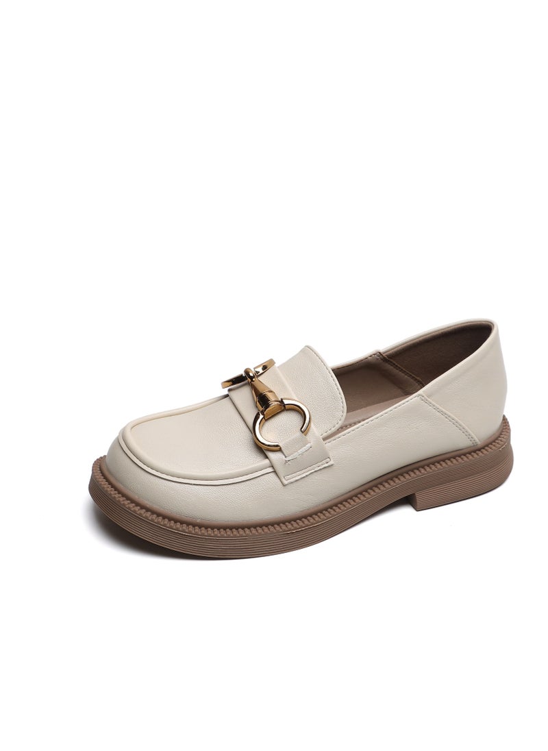 Loquat Preppy Round Toed Leather Shoes Beige 
