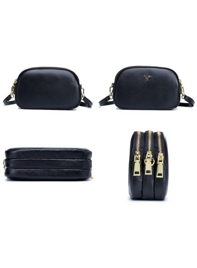 Small Genuine Leather Crossbody Shoulder Handbag with Triple Zipper, Gold Hardware, Black - Image 2