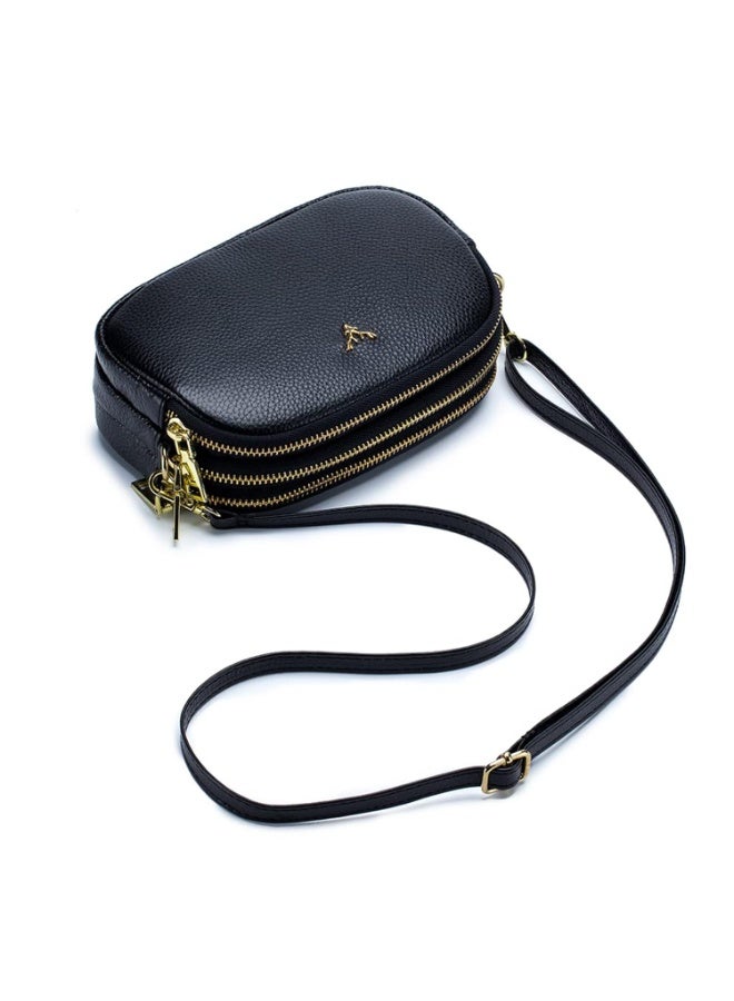 Small Genuine Leather Crossbody Shoulder Handbag with Triple Zipper, Gold Hardware, Black - Image 4
