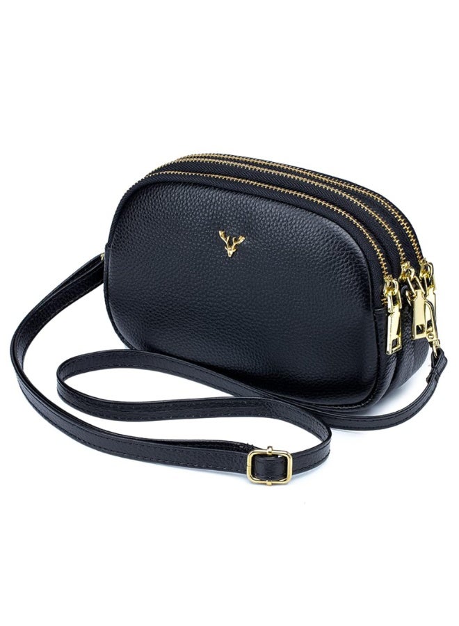 Small Genuine Leather Crossbody Shoulder Handbag with Triple Zipper, Gold Hardware, Black - Image 1